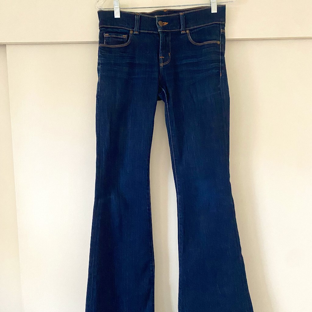 J Brand Blue Dark Wash Low Rise Stretch Denim Wide Flare Bell Bottoms